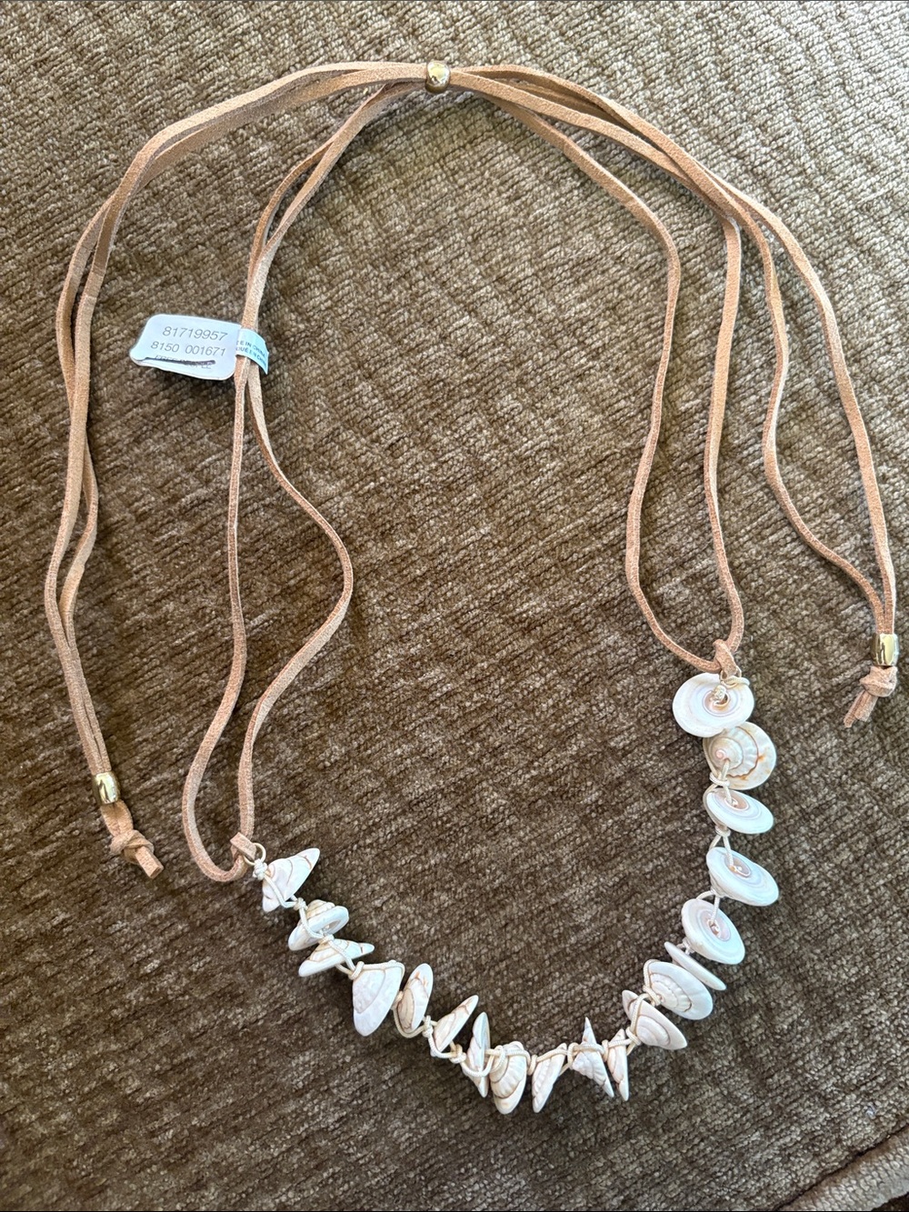 Free People Boho White Shell Necklace with Tan Suede Cord
